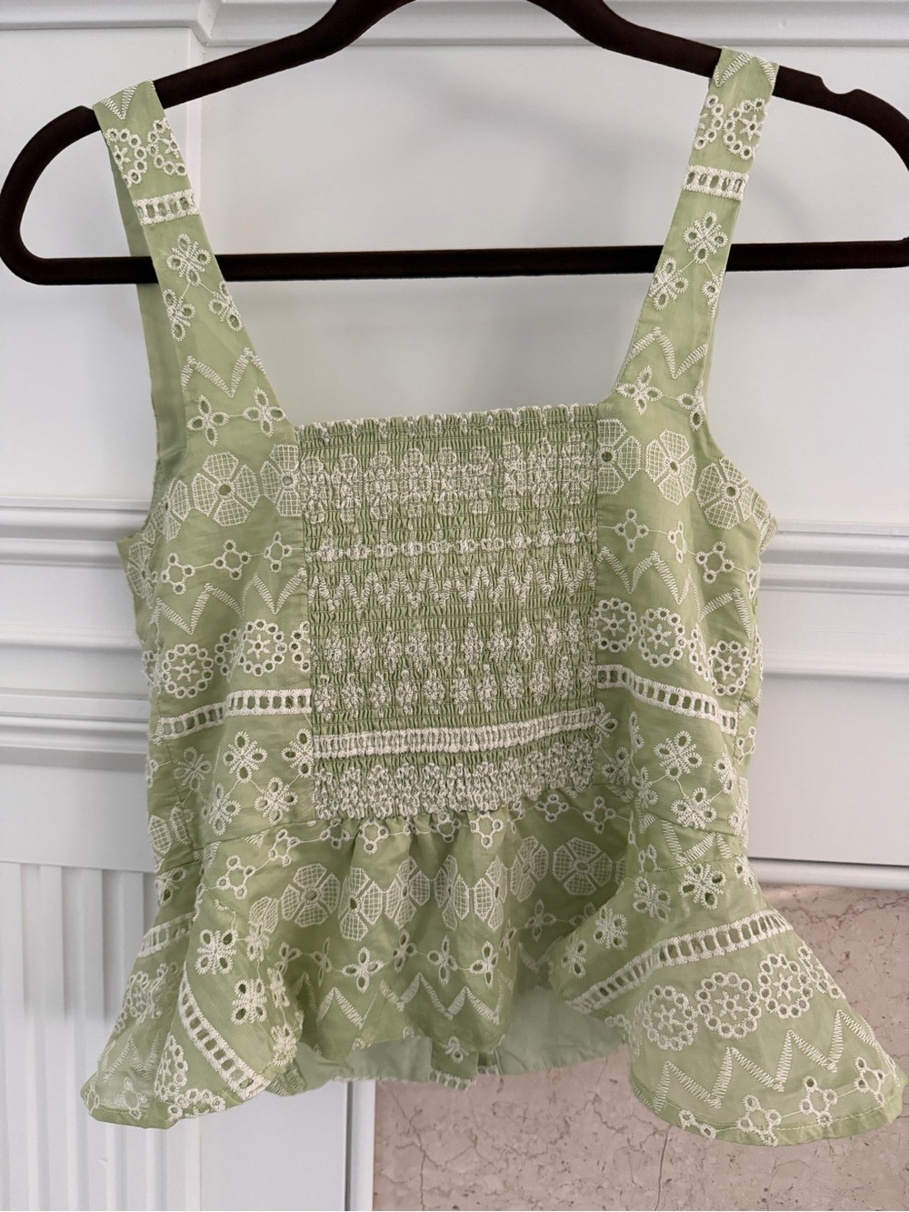 Moon River Women's Eyelet Peplum Button Sage Cottage Core Tank Top - Picture 2 of 4